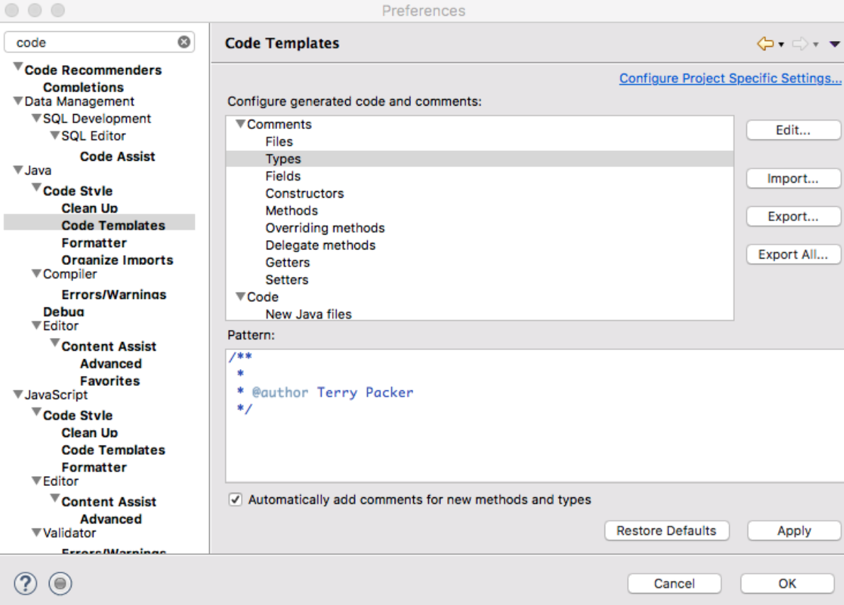 Eclipse setup comments for new types