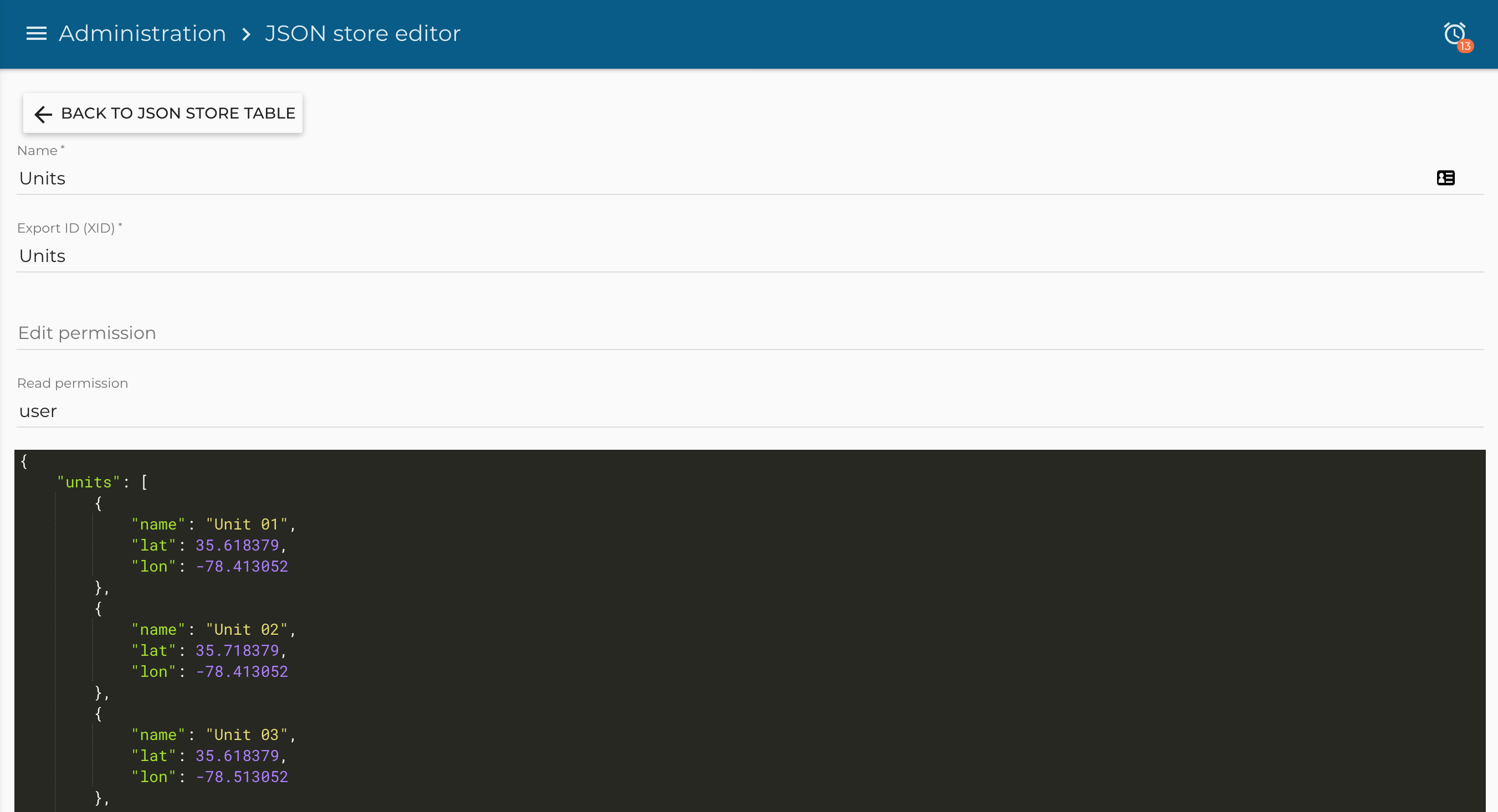 Units in JSON store